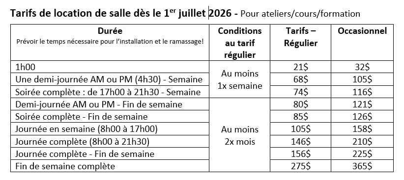 Tarifs 1er juillet 2026